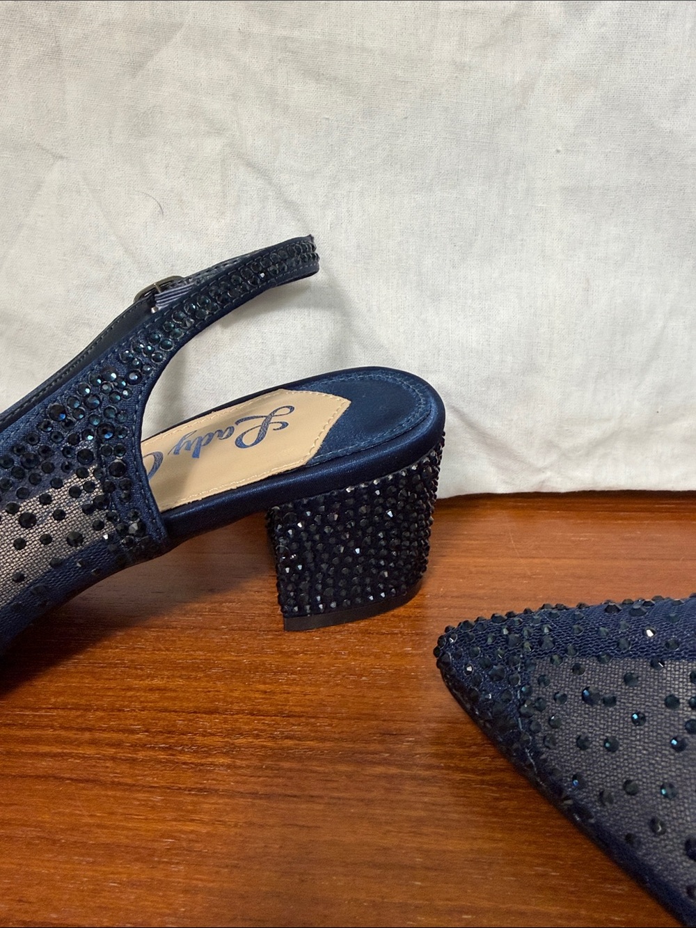 Lady Couture Navy Crystal Slingback Block Heels with Pointed Toe - Picture 5 of 5